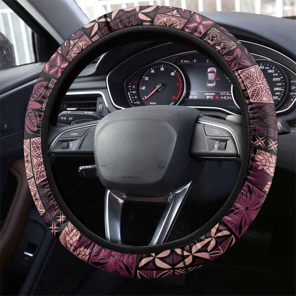 Samoa Siapo Tribal Pattern Steering Wheel Cover Violet Polynesian Plumeria Tapa Motif LT9 - Polynesian Pride
