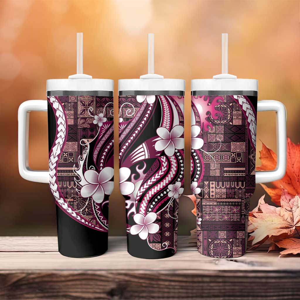 Samoa Siapo Tribal Pattern Tumbler With Handle Violet Polynesian Plumeria Tapa Motif LT9 - Polynesian Pride