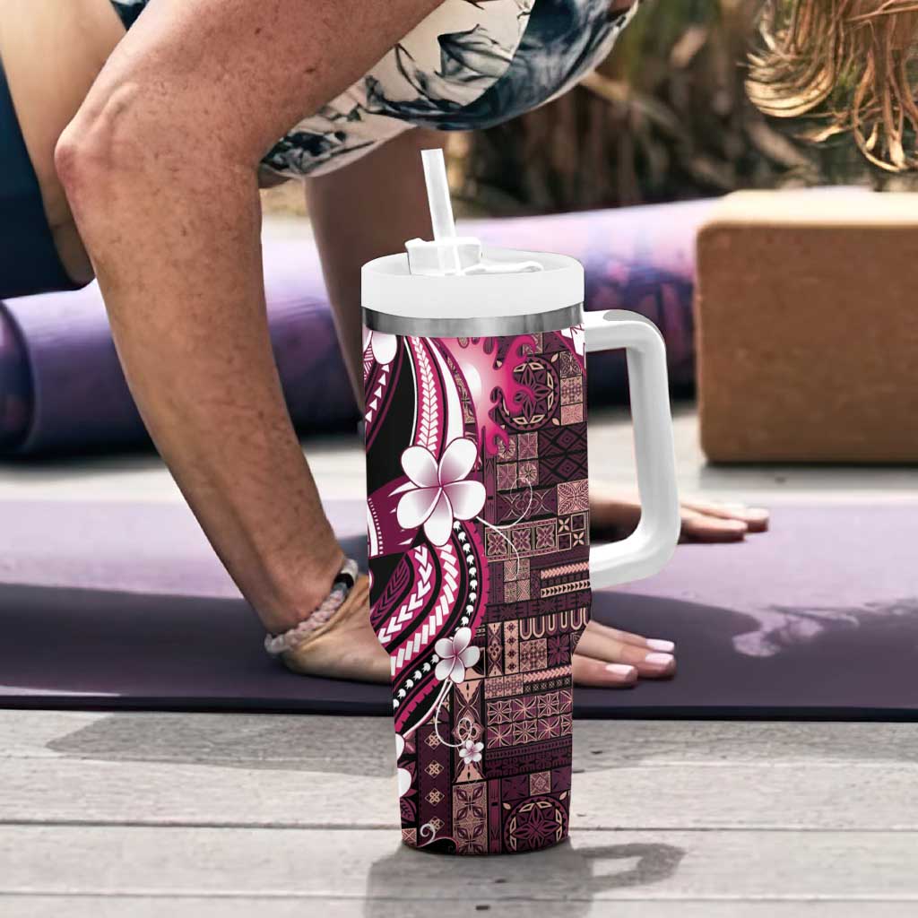 Samoa Siapo Tribal Pattern Tumbler With Handle Violet Polynesian Plumeria Tapa Motif LT9 - Polynesian Pride