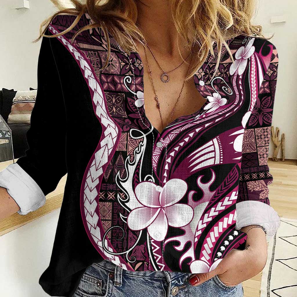 Samoa Siapo Tribal Pattern Women Casual Shirt Violet Polynesian Plumeria Tapa Motif LT9 Female Violet - Polynesian Pride