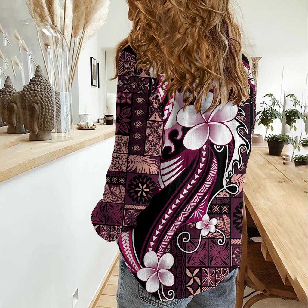 Samoa Siapo Tribal Pattern Women Casual Shirt Violet Polynesian Plumeria Tapa Motif LT9 - Polynesian Pride