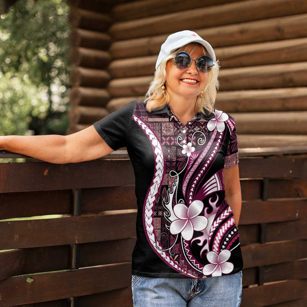 Samoa Siapo Tribal Pattern Women Polo Shirt Violet Polynesian Plumeria Tapa Motif LT9 - Polynesian Pride