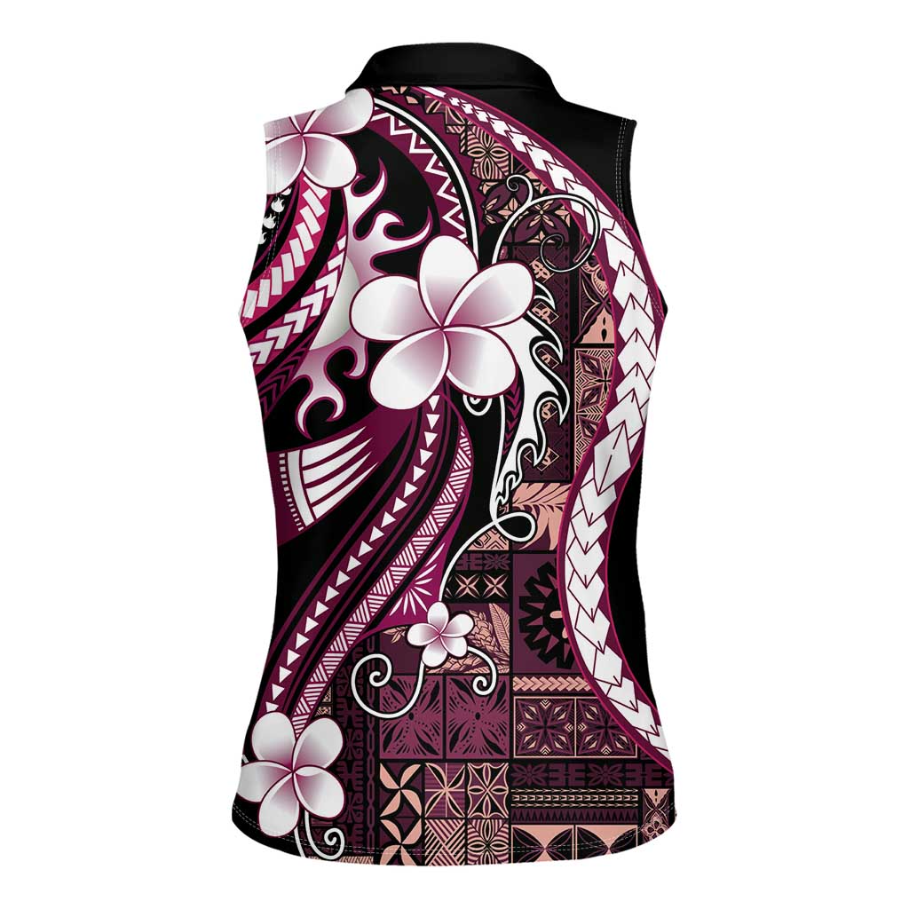 Samoa Siapo Tribal Pattern Women Sleeveless Polo Shirt Violet Polynesian Plumeria Tapa Motif LT9 - Polynesian Pride