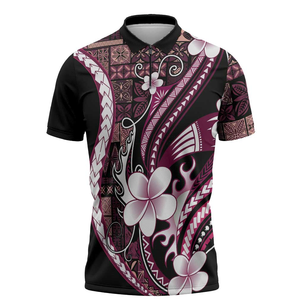 Samoa Siapo Tribal Pattern Zipper Polo Shirt Violet Polynesian Plumeria Tapa Motif LT9 Violet - Polynesian Pride