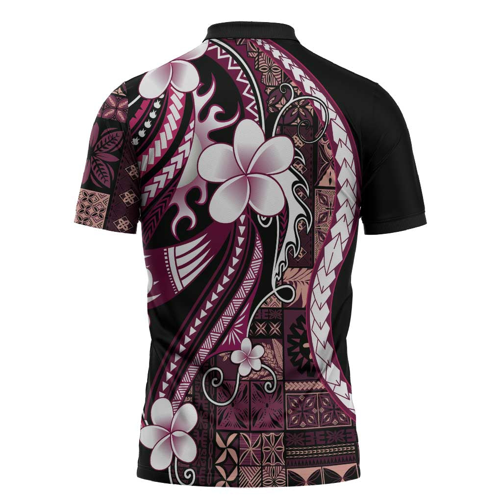 Samoa Siapo Tribal Pattern Zipper Polo Shirt Violet Polynesian Plumeria Tapa Motif LT9 - Polynesian Pride
