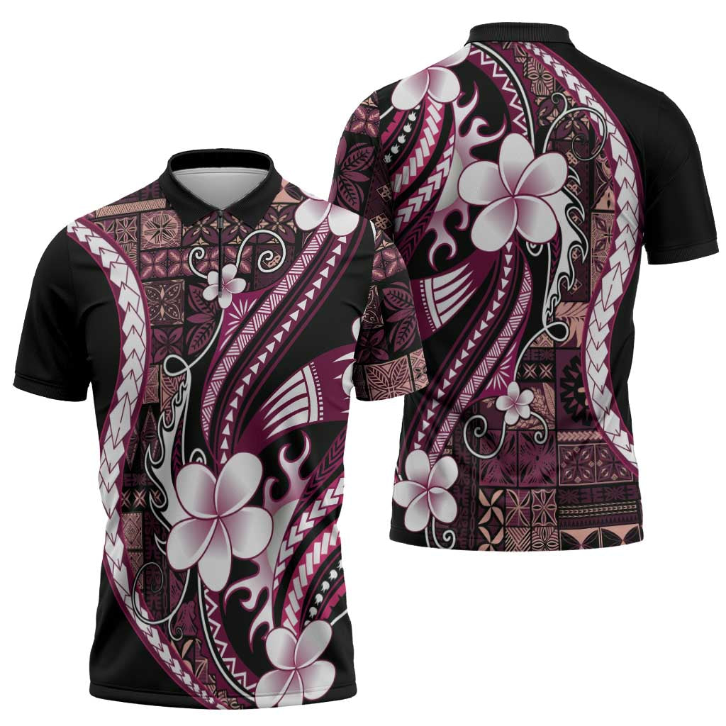 Samoa Siapo Tribal Pattern Zipper Polo Shirt Violet Polynesian Plumeria Tapa Motif LT9 - Polynesian Pride