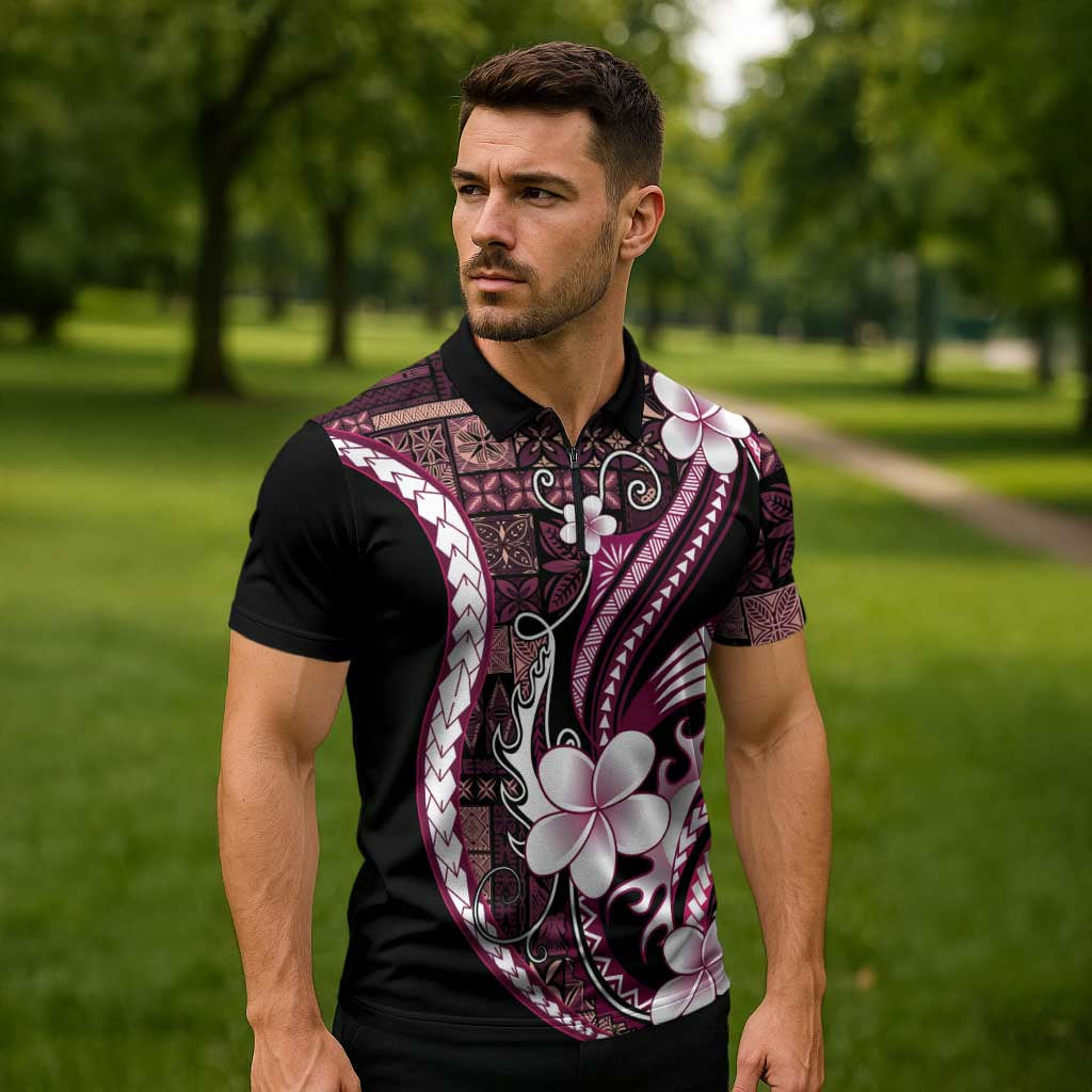 Samoa Siapo Tribal Pattern Zipper Polo Shirt Violet Polynesian Plumeria Tapa Motif LT9 - Polynesian Pride