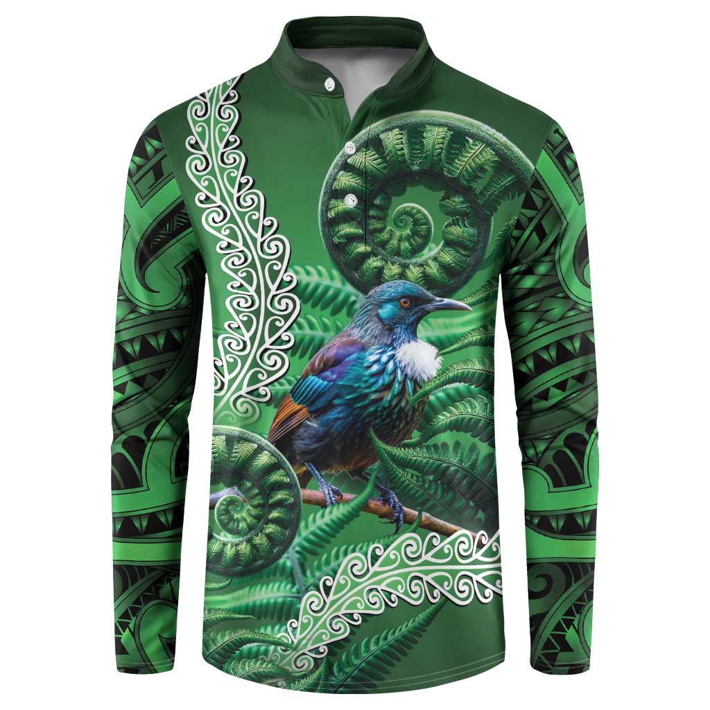 Tui Bird Koru Silver Fern Aotearoa Button Sweatshirt LT9 Green - Polynesian Pride