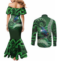 Tui Bird Koru Silver Fern Aotearoa Couples Matching Mermaid Dress and Long Sleeve Button Shirt