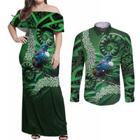 Tui Bird Koru Silver Fern Aotearoa Couples Matching Off Shoulder Maxi Dress and Long Sleeve Button Shirt LT9 Green - Polynesian Pride