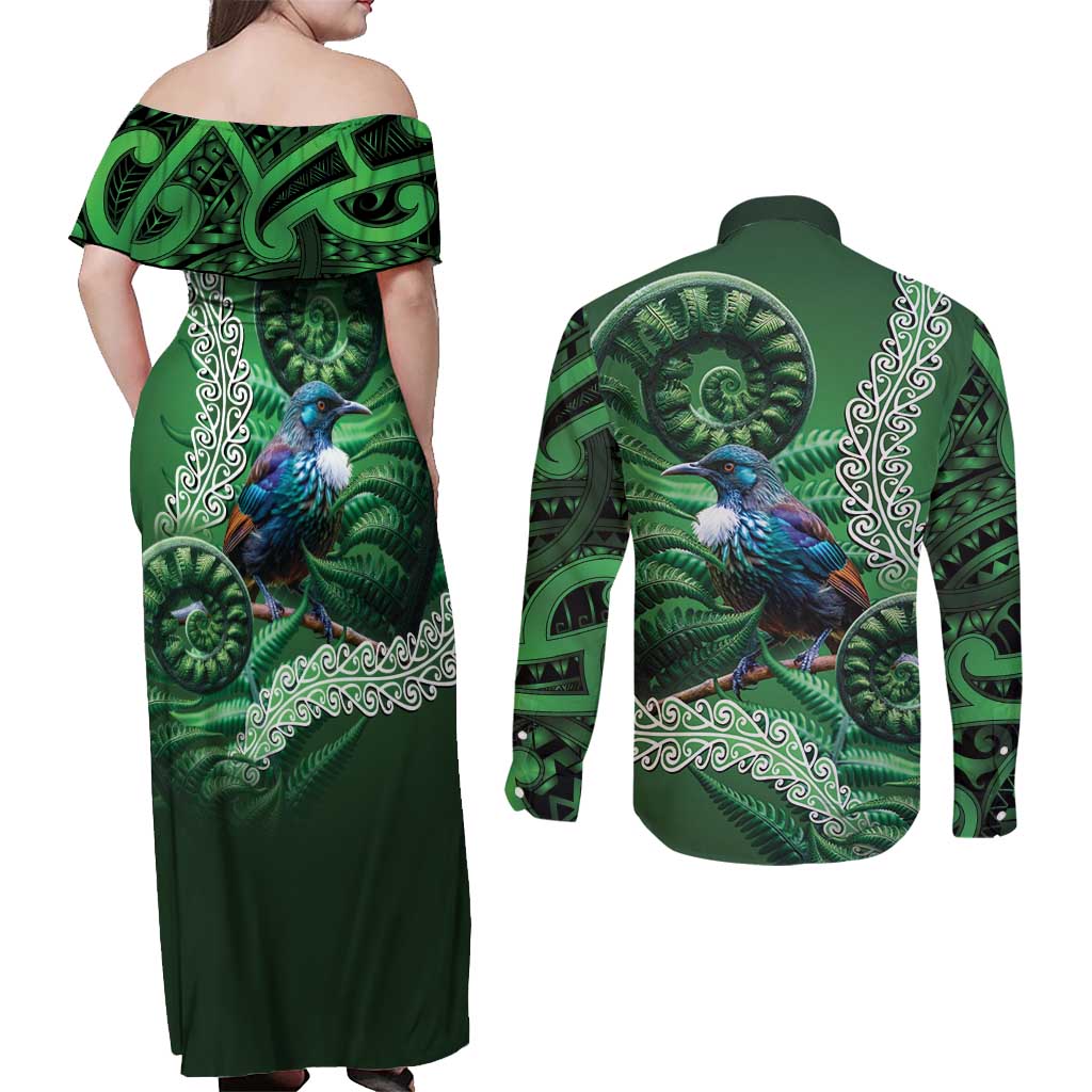 Tui Bird Koru Silver Fern Aotearoa Couples Matching Off Shoulder Maxi Dress and Long Sleeve Button Shirt LT9 - Polynesian Pride