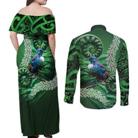 Tui Bird Koru Silver Fern Aotearoa Couples Matching Off Shoulder Maxi Dress and Long Sleeve Button Shirt LT9 - Polynesian Pride