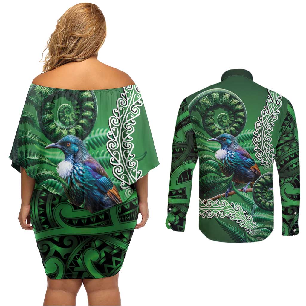 Tui Bird Koru Silver Fern Aotearoa Couples Matching Off Shoulder Short Dress and Long Sleeve Button Shirt LT9 - Polynesian Pride