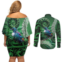 Tui Bird Koru Silver Fern Aotearoa Couples Matching Off Shoulder Short Dress and Long Sleeve Button Shirt LT9 - Polynesian Pride