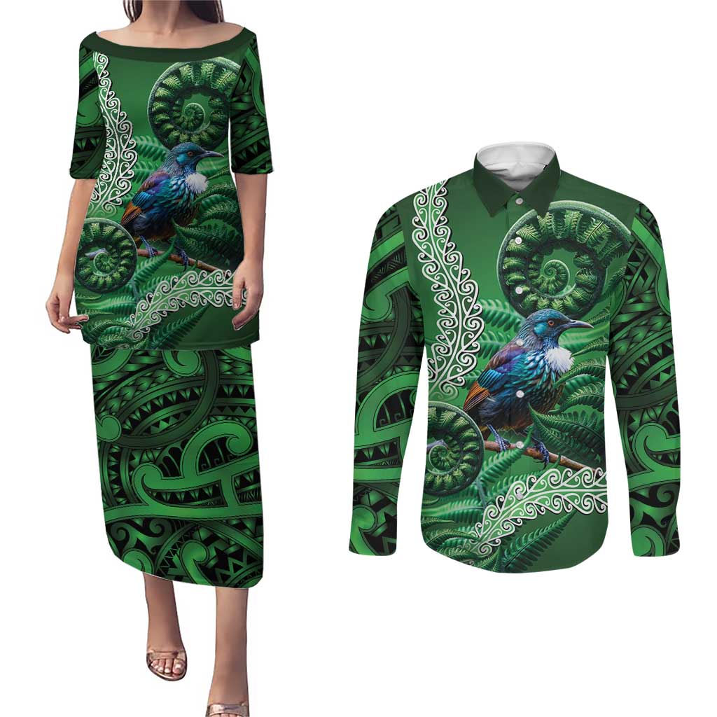 Tui Bird Koru Silver Fern Aotearoa Couples Matching Puletasi and Long Sleeve Button Shirt LT9 Green - Polynesian Pride