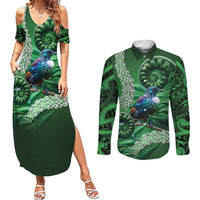 Tui Bird Koru Silver Fern Aotearoa Couples Matching Summer Maxi Dress and Long Sleeve Button Shirt LT9 Green - Polynesian Pride