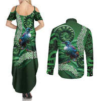 Tui Bird Koru Silver Fern Aotearoa Couples Matching Summer Maxi Dress and Long Sleeve Button Shirt LT9 - Polynesian Pride