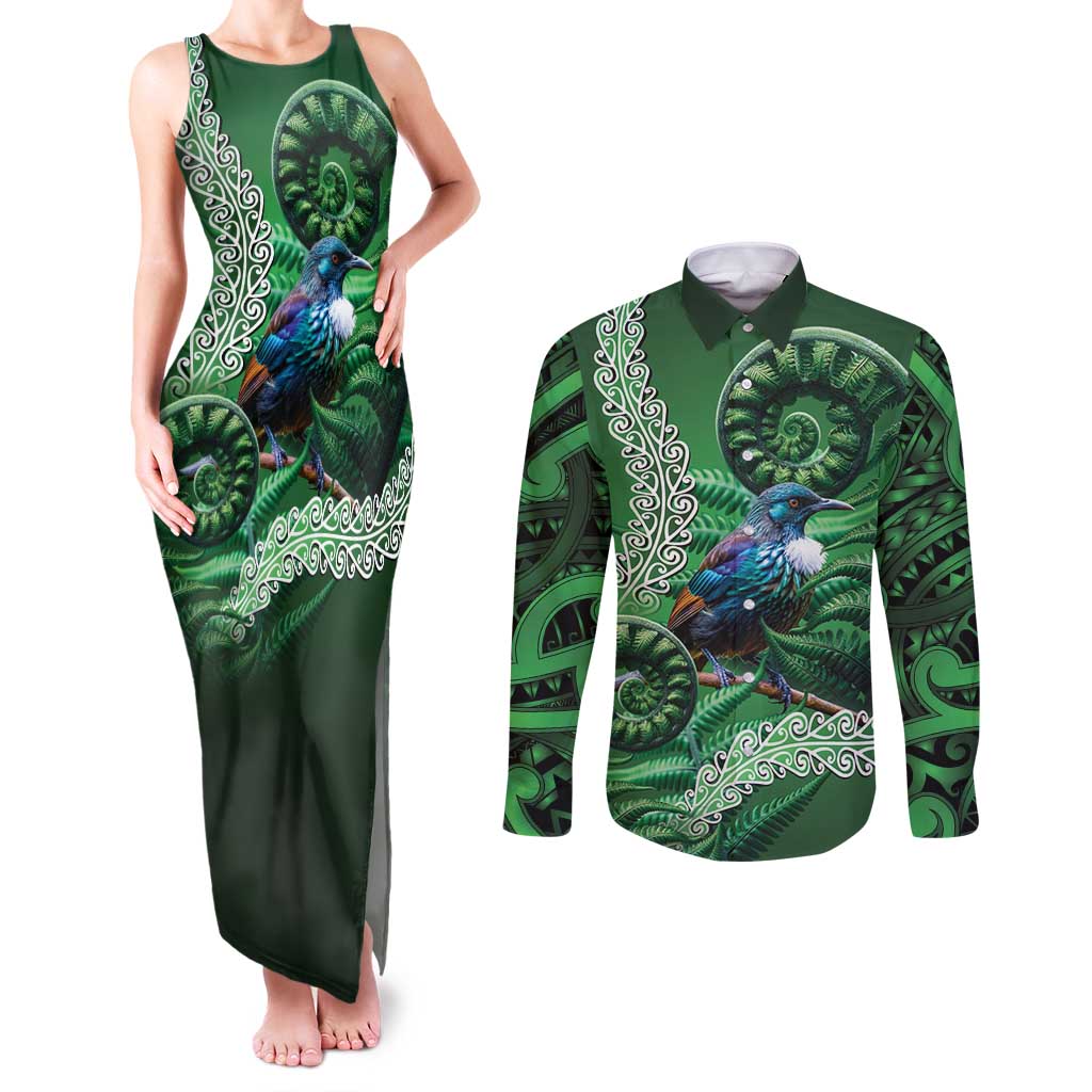 Tui Bird Koru Silver Fern Aotearoa Couples Matching Tank Maxi Dress and Long Sleeve Button Shirt LT9 Green - Polynesian Pride