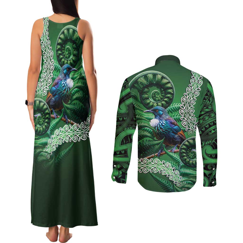 Tui Bird Koru Silver Fern Aotearoa Couples Matching Tank Maxi Dress and Long Sleeve Button Shirt LT9 - Polynesian Pride