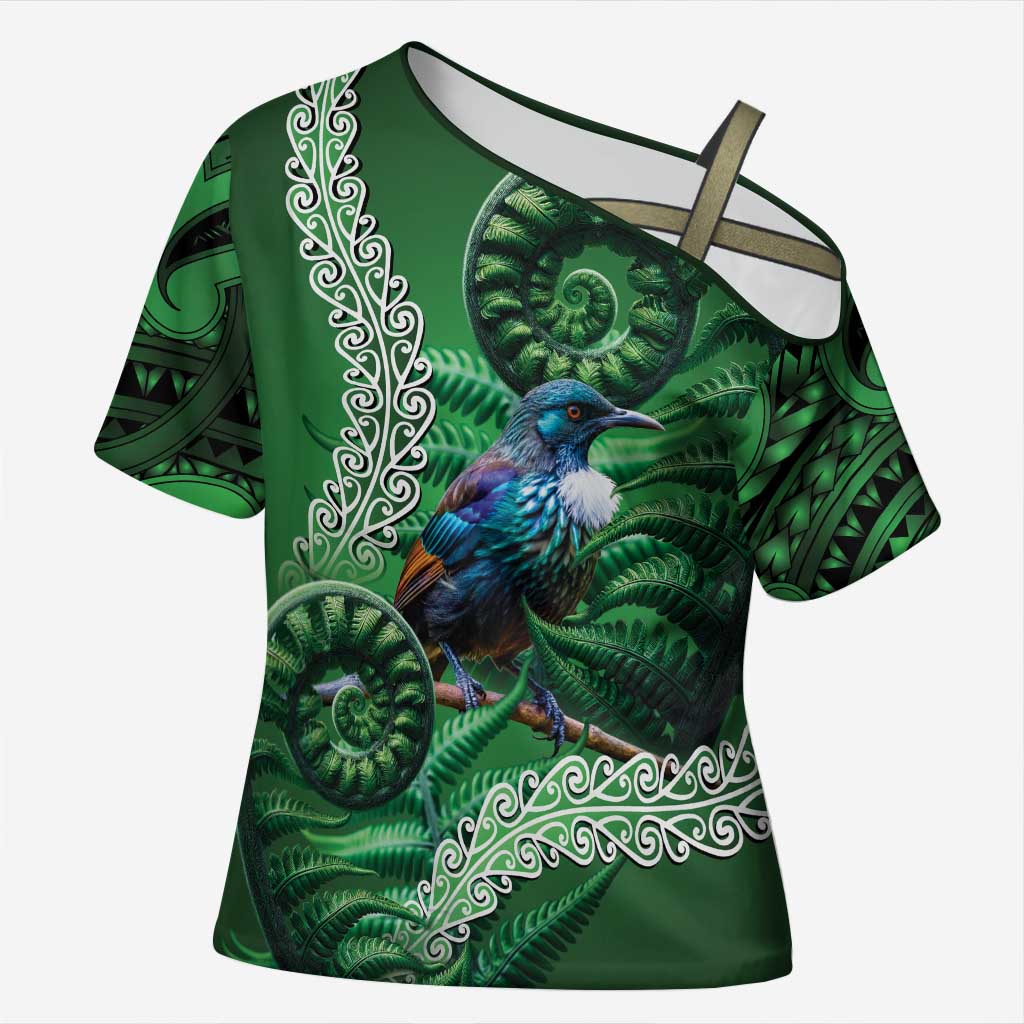 Tui Bird Koru Silver Fern Aotearoa Cross Shoulder Shirt LT9 Female Green - Polynesian Pride