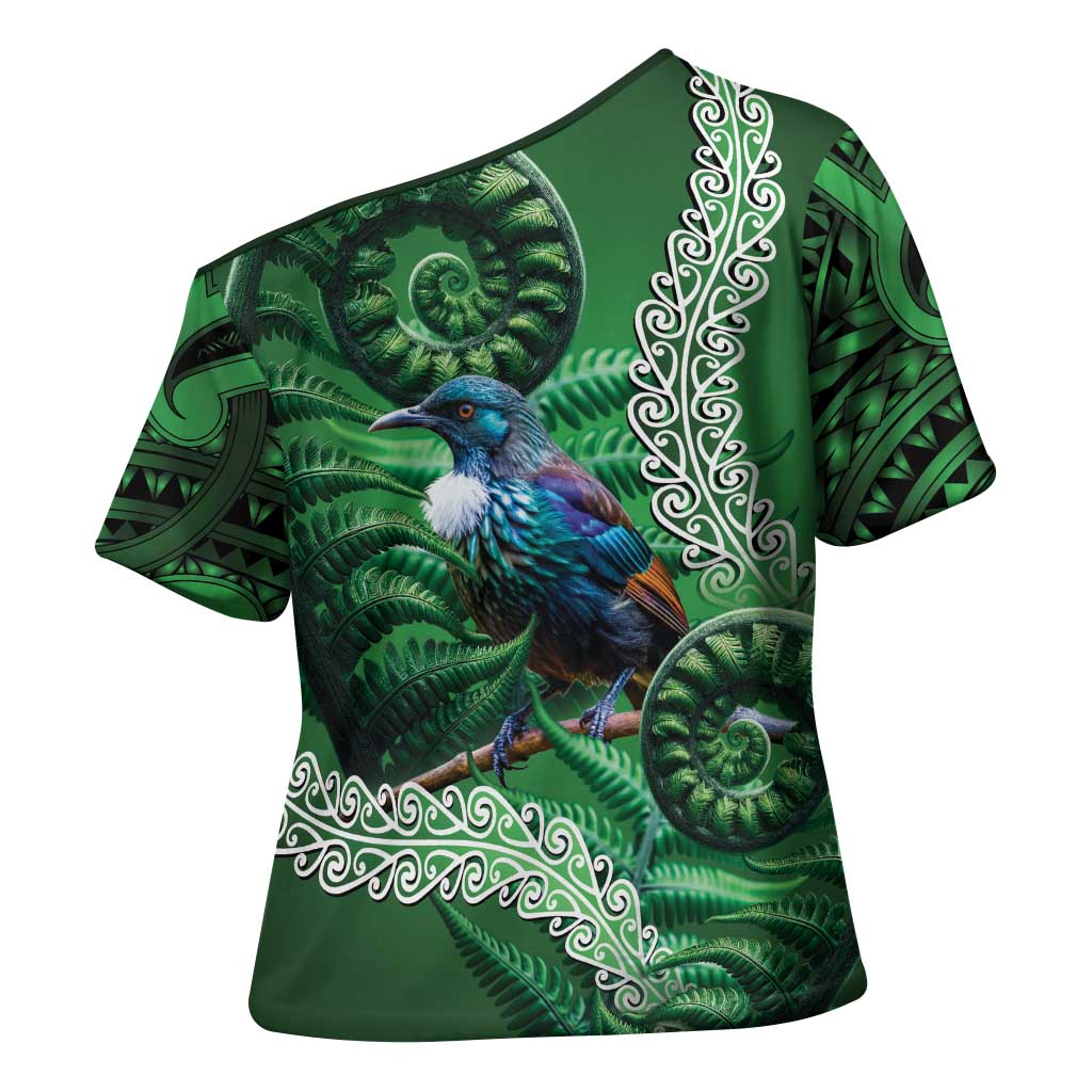 Tui Bird Koru Silver Fern Aotearoa Cross Shoulder Shirt LT9 - Polynesian Pride