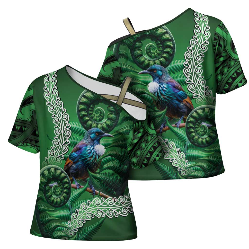 Tui Bird Koru Silver Fern Aotearoa Cross Shoulder Shirt LT9 - Polynesian Pride