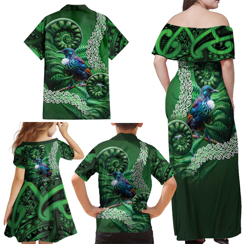 Tui Bird Koru Silver Fern Aotearoa Family Matching Off Shoulder Maxi Dress and Hawaiian Shirt