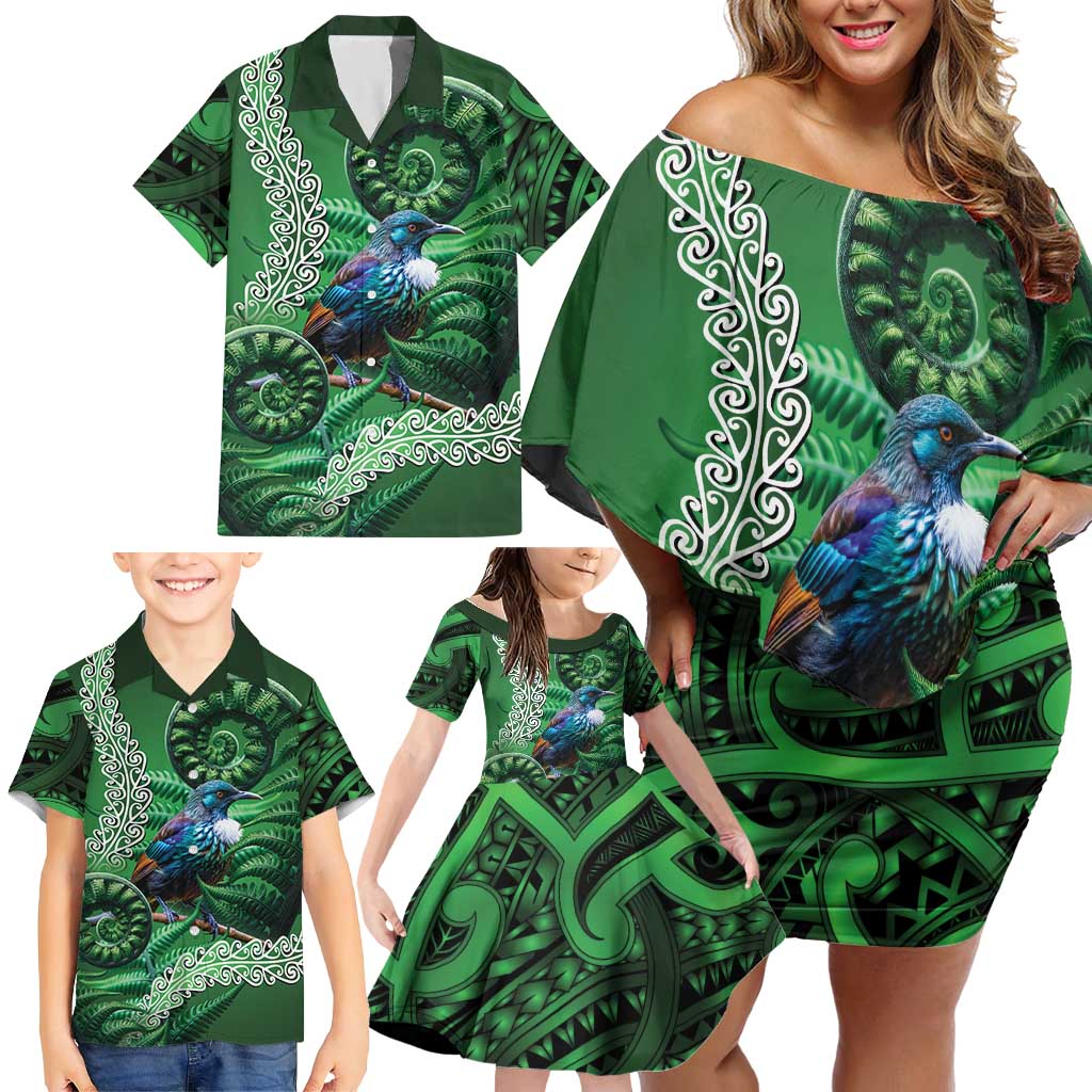 Tui Bird Koru Silver Fern Aotearoa Family Matching Off Shoulder Short Dress and Hawaiian Shirt
