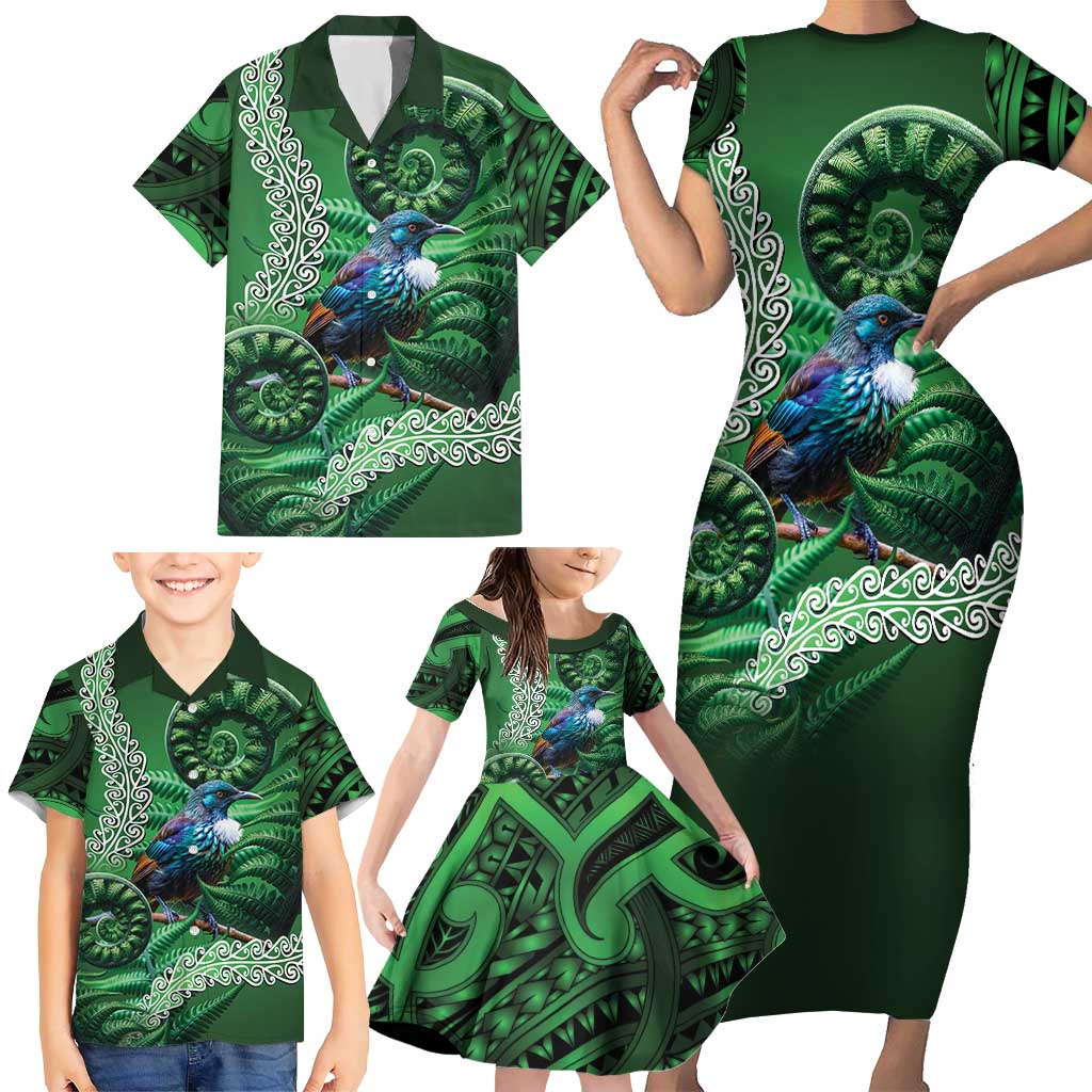 Tui Bird Koru Silver Fern Aotearoa Family Matching Short Sleeve Bodycon Dress and Hawaiian Shirt