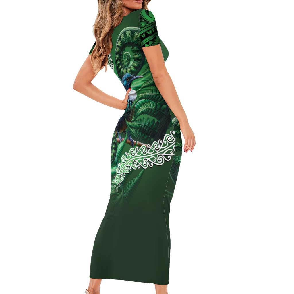 Tui Bird Koru Silver Fern Aotearoa Family Matching Short Sleeve Bodycon Dress and Hawaiian Shirt