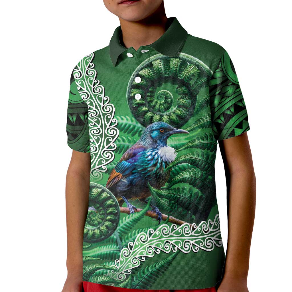 Tui Bird Koru Silver Fern Aotearoa Kid Polo Shirt LT9 Kid Green - Polynesian Pride