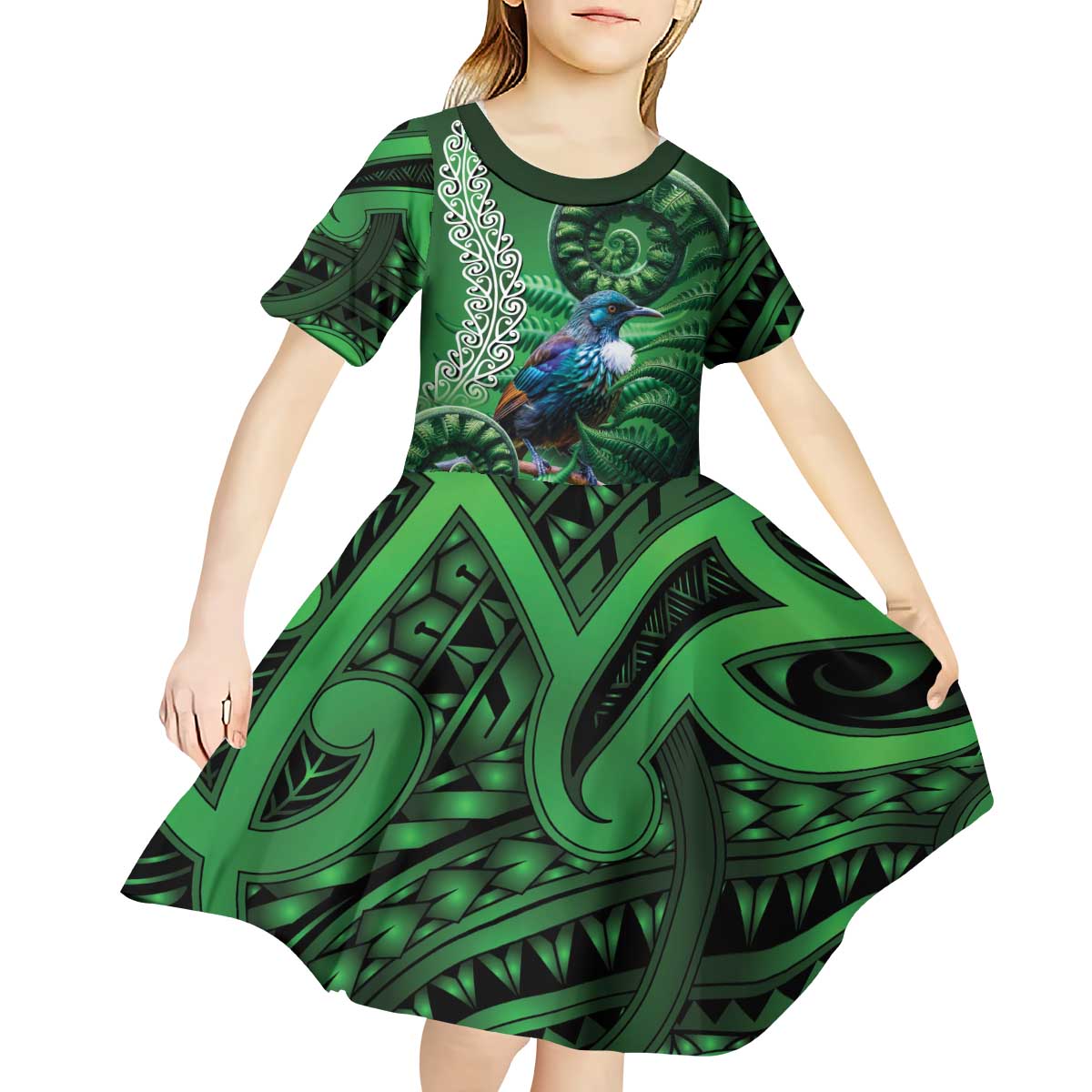 Tui Bird Koru Silver Fern Aotearoa Kid Short Sleeve Dress LT9 - Polynesian Pride