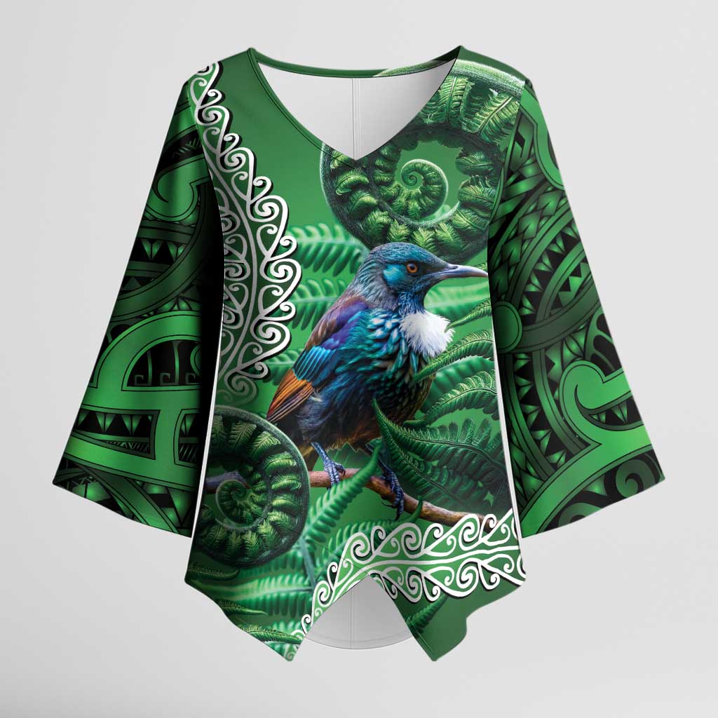 Tui Bird Koru Silver Fern Aotearoa Kimono Sleeve Blouse LT9 Female Green - Polynesian Pride