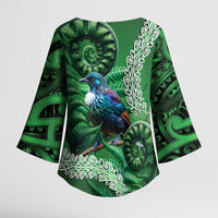 Tui Bird Koru Silver Fern Aotearoa Kimono Sleeve Blouse LT9 - Polynesian Pride