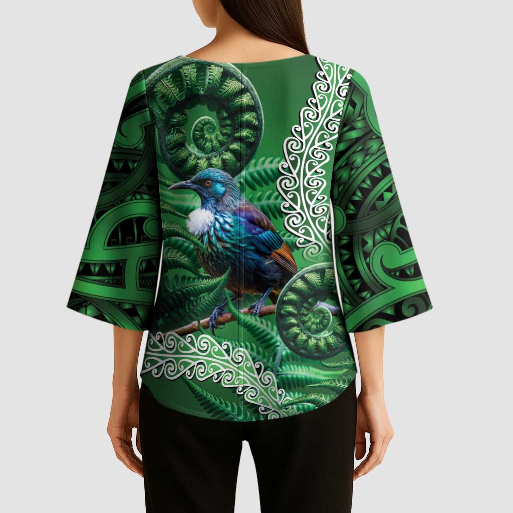 Tui Bird Koru Silver Fern Aotearoa Kimono Sleeve Blouse LT9 - Polynesian Pride