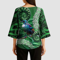 Tui Bird Koru Silver Fern Aotearoa Kimono Sleeve Blouse LT9 - Polynesian Pride