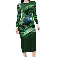 Tui Bird Koru Silver Fern Aotearoa Long Sleeve Bodycon Dress