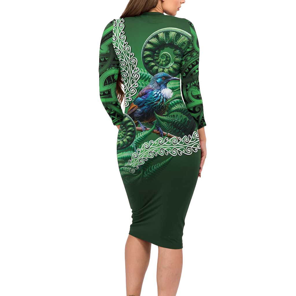 Tui Bird Koru Silver Fern Aotearoa Long Sleeve Bodycon Dress