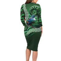 Tui Bird Koru Silver Fern Aotearoa Long Sleeve Bodycon Dress