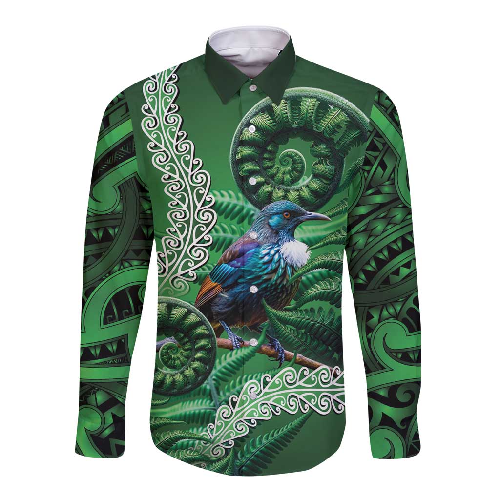 Tui Bird Koru Silver Fern Aotearoa Long Sleeve Button Shirt LT9 Unisex Green - Polynesian Pride