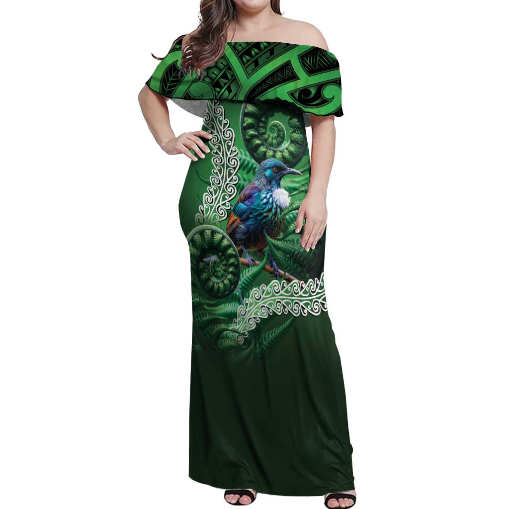 Tui Bird Koru Silver Fern Aotearoa Off Shoulder Maxi Dress LT9 Women Green - Polynesian Pride