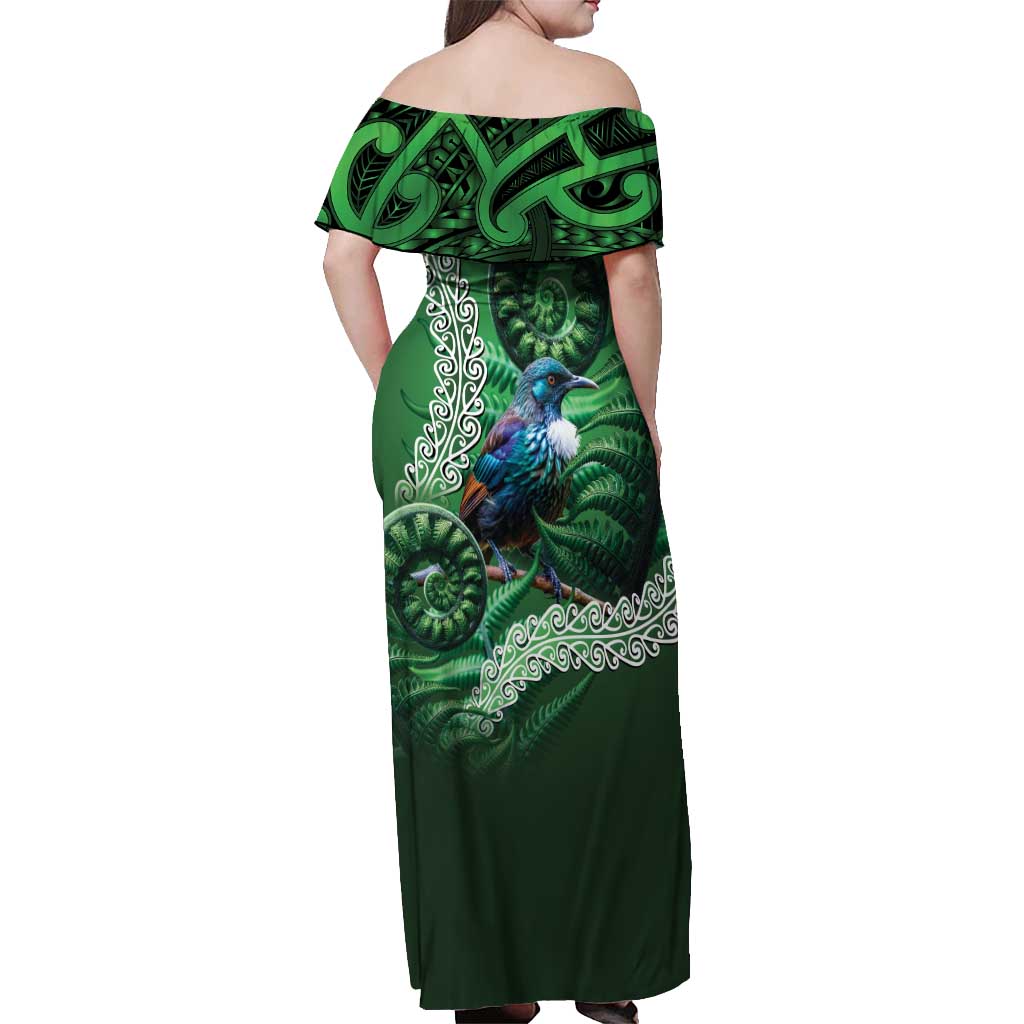 Tui Bird Koru Silver Fern Aotearoa Off Shoulder Maxi Dress LT9 - Polynesian Pride