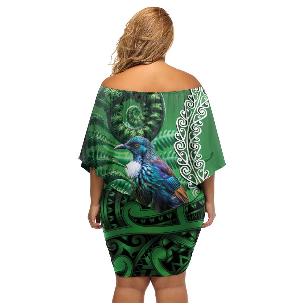 Tui Bird Koru Silver Fern Aotearoa Off Shoulder Short Dress LT9 - Polynesian Pride