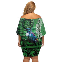Tui Bird Koru Silver Fern Aotearoa Off Shoulder Short Dress LT9 - Polynesian Pride