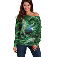 Tui Bird Koru Silver Fern Aotearoa Off Shoulder Sweater LT9 Women Green - Polynesian Pride