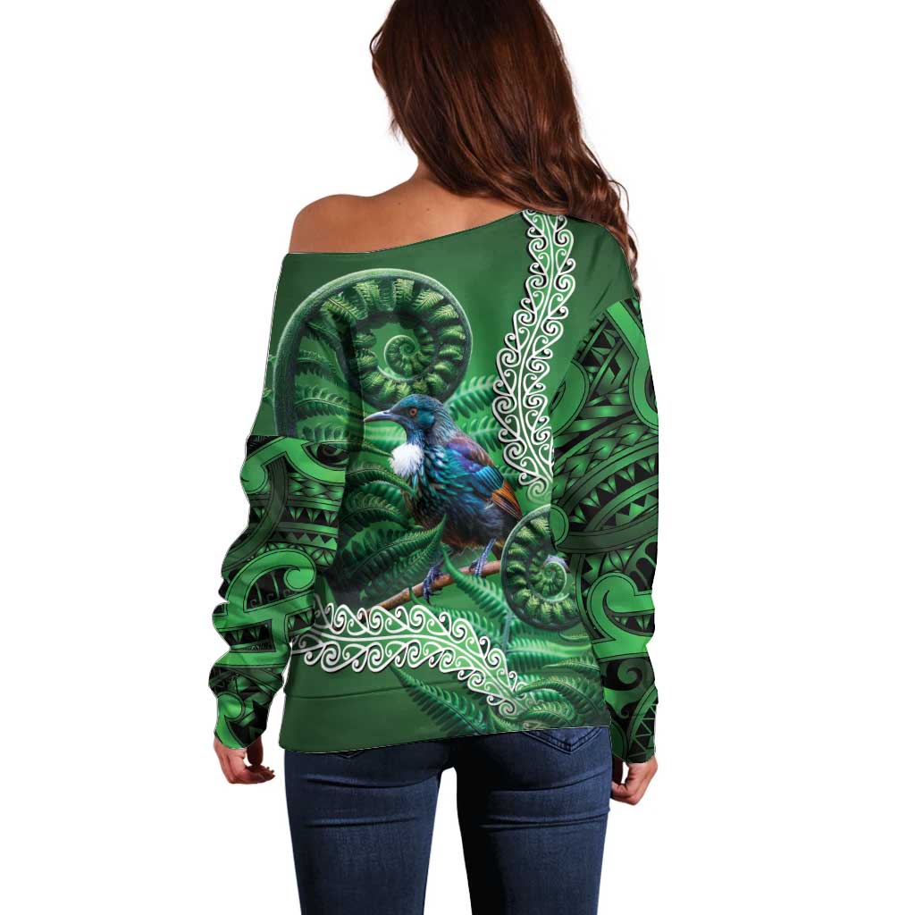 Tui Bird Koru Silver Fern Aotearoa Off Shoulder Sweater LT9 - Polynesian Pride