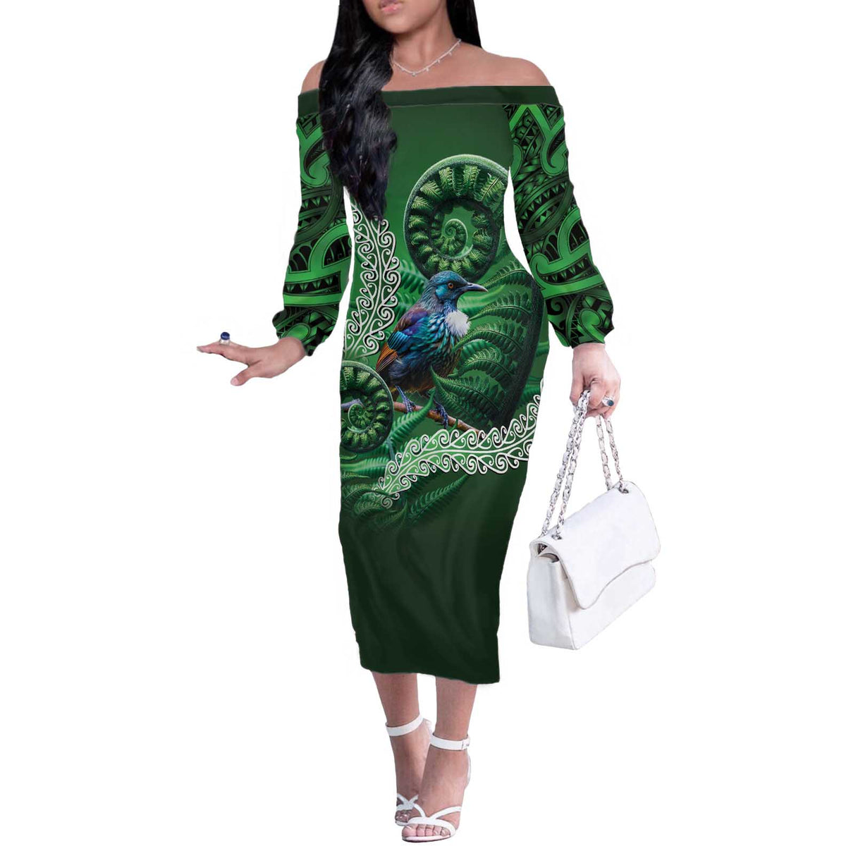 Tui Bird Koru Silver Fern Aotearoa Off The Shoulder Long Sleeve Dress LT9 Women Green - Polynesian Pride
