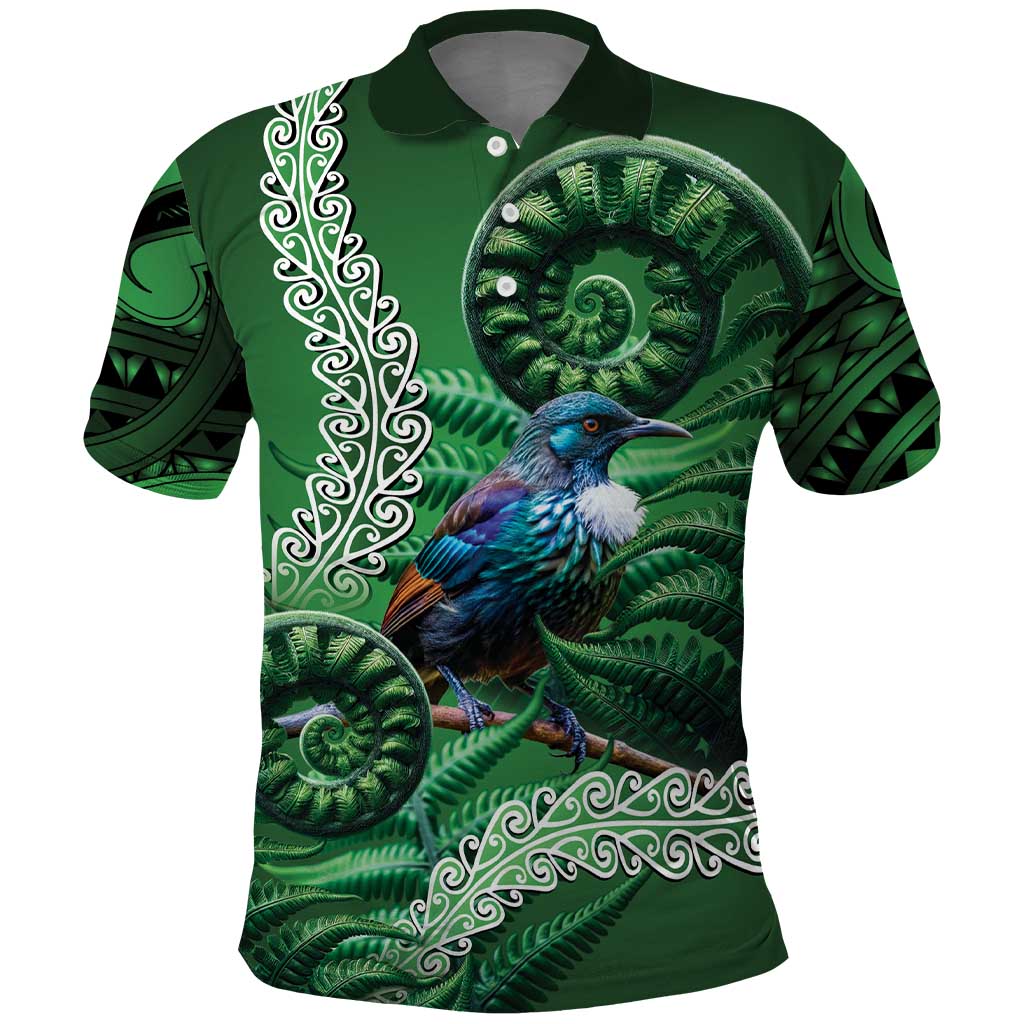 Tui Bird Koru Silver Fern Aotearoa Polo Shirt LT9 Green - Polynesian Pride