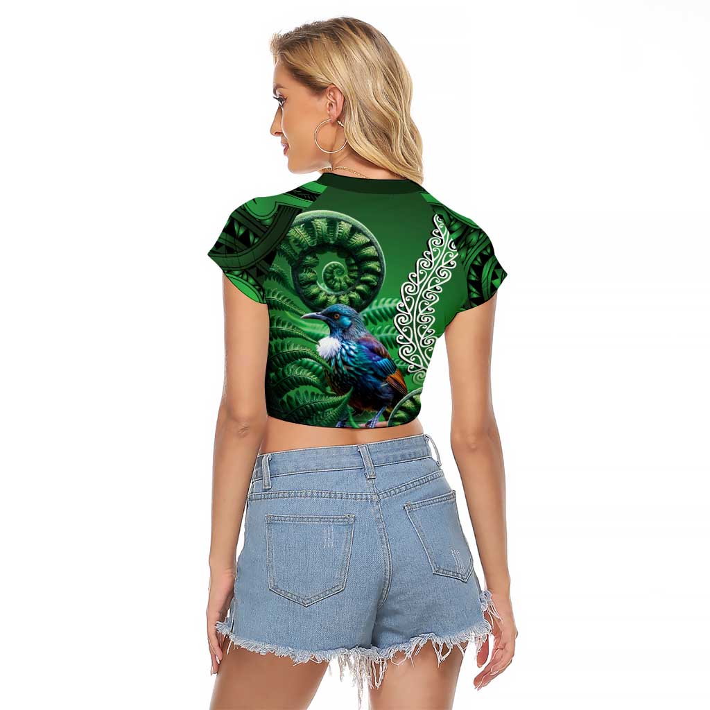 Tui Bird Koru Silver Fern Aotearoa Raglan Cropped T Shirt LT9 - Polynesian Pride