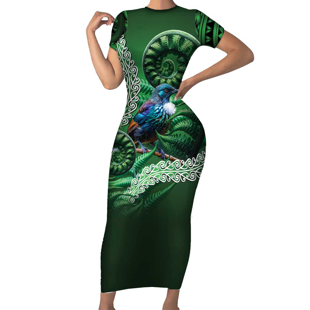 Tui Bird Koru Silver Fern Aotearoa Short Sleeve Bodycon Dress LT9 Long Dress Green - Polynesian Pride
